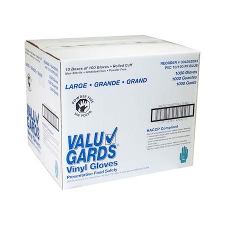 Valugards Valugards Blue V, Disposable Gloves, Vinyl, Powder-Free, L, 1000 PK, Blue 304362093